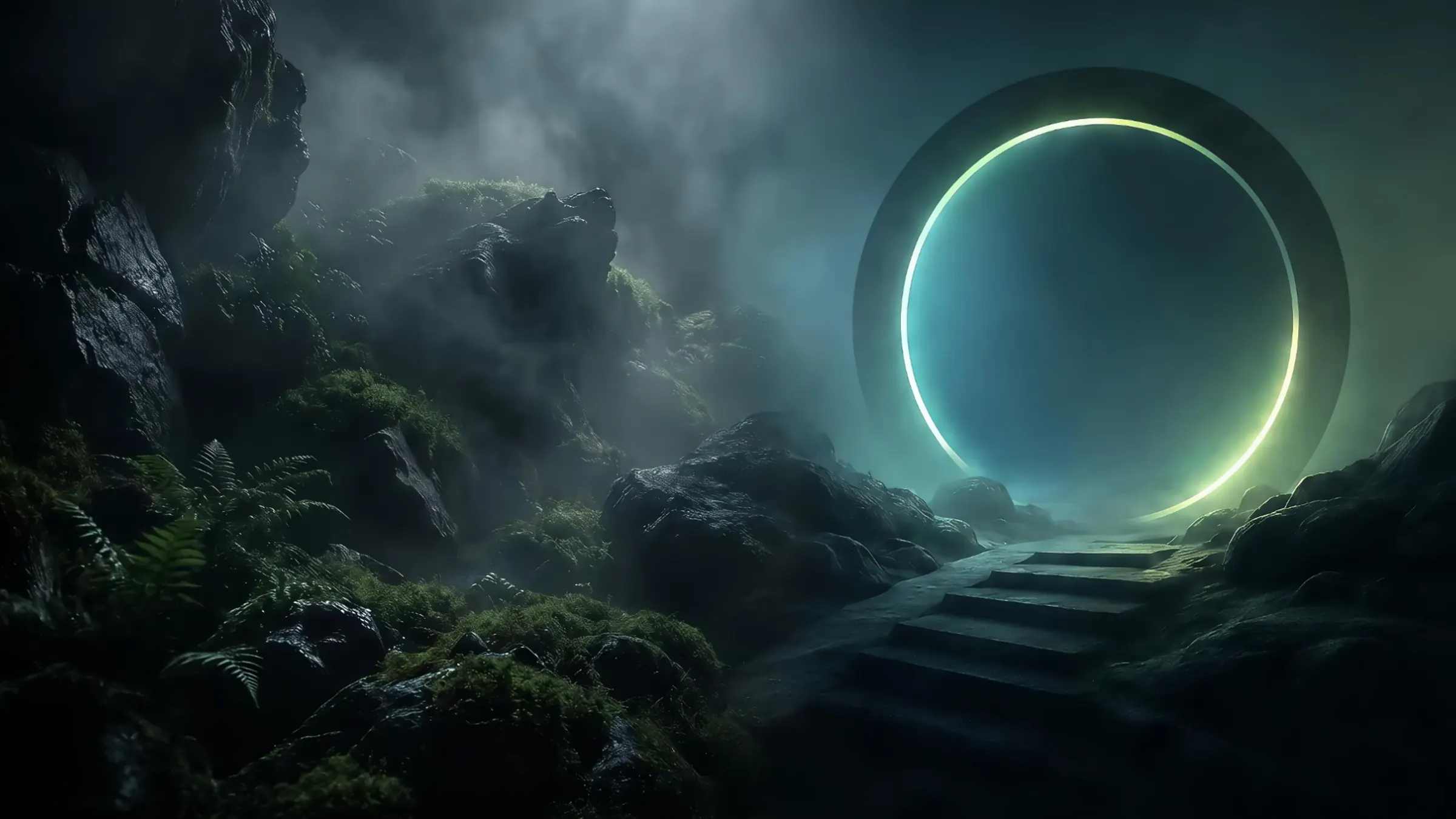 A luminous ring standing in a misty forest of dark rock and moss, with cut stone steps leading up into it.